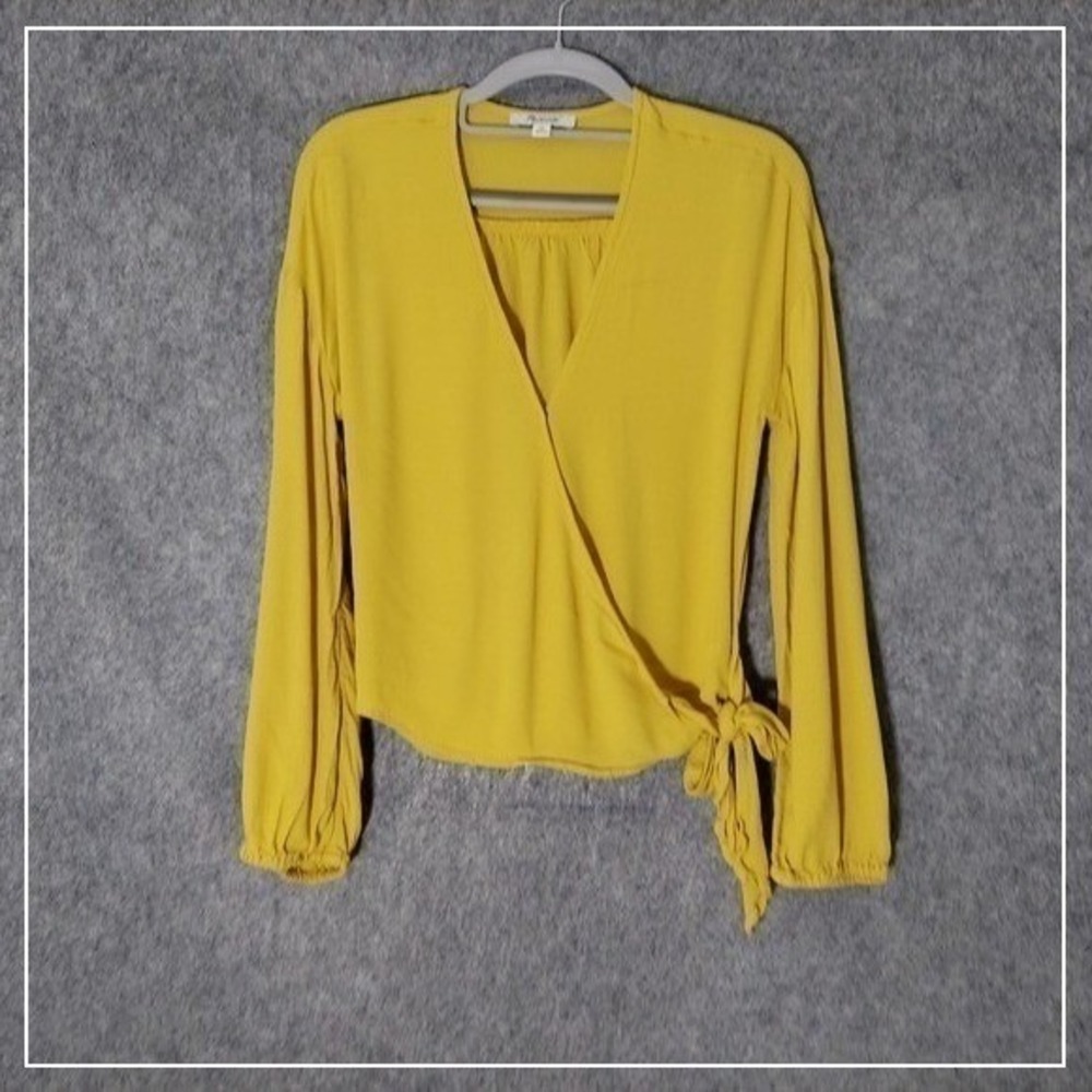 Madewell Top Women XS Yellow Crepe Wrap Tie Puff Sleeve Romantic‎ Coquette